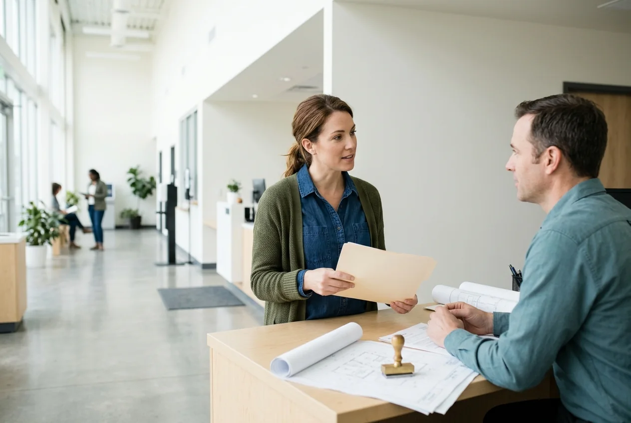 Illustrative scene of a business owner discussing permit paperwork at a public service counter
