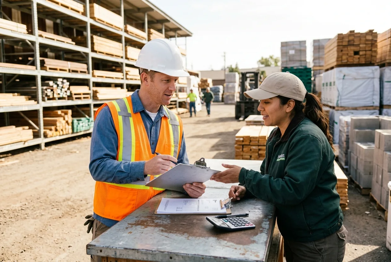 Illustrative scene of a contractor and materials supplier reviewing an invoice at a lumberyard