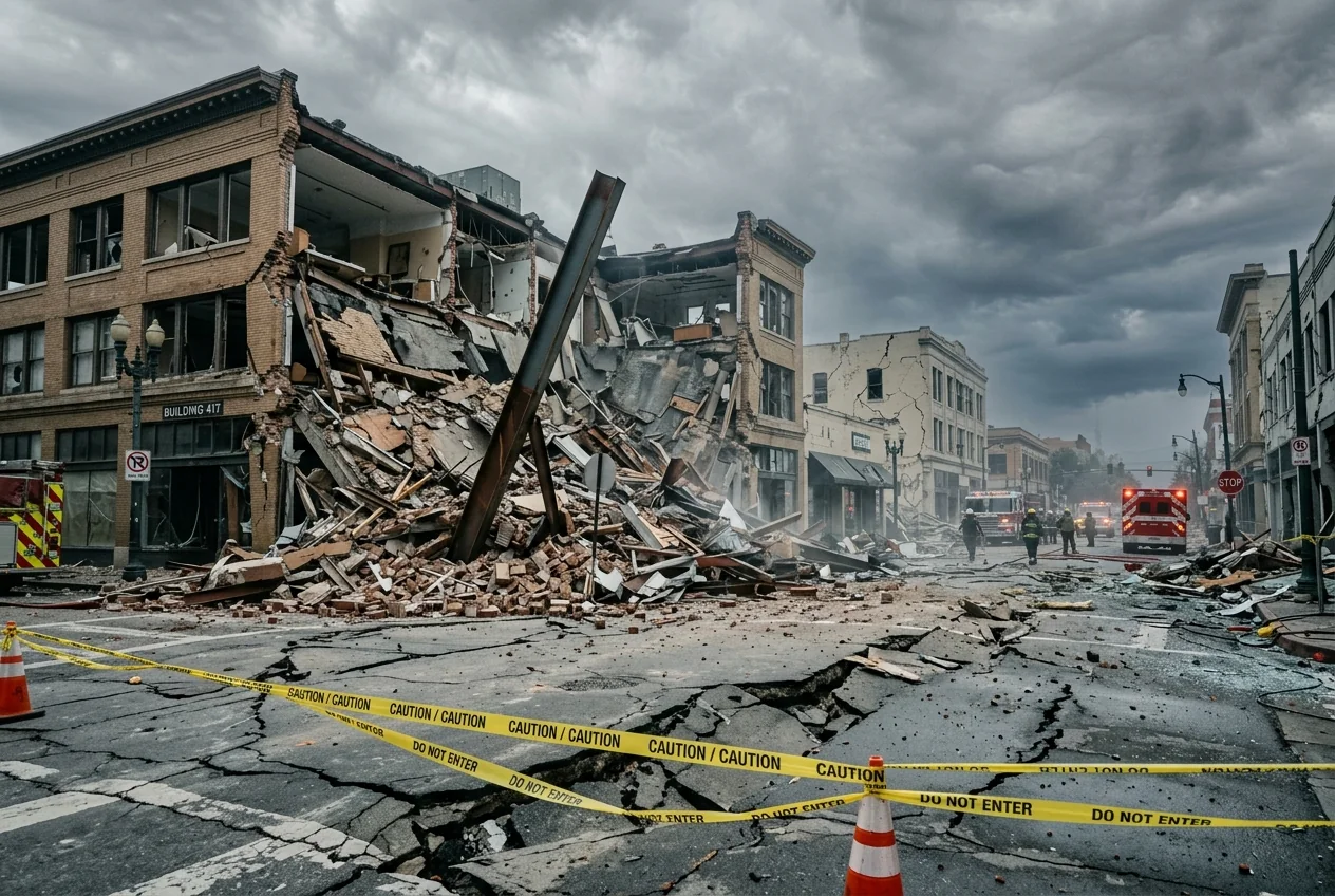 Damaged commercial buildings behind a safety cordon after a structural disaster