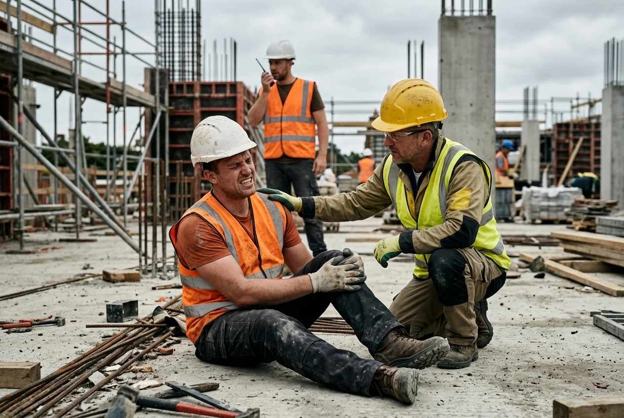 Construction colleagues assisting an injured worker at a job site