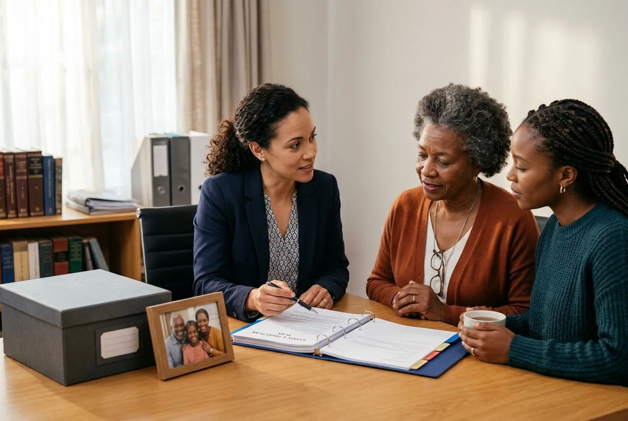 Illustrative scene of an older woman and her daughter reviewing an estate-planning binder with an adviser
