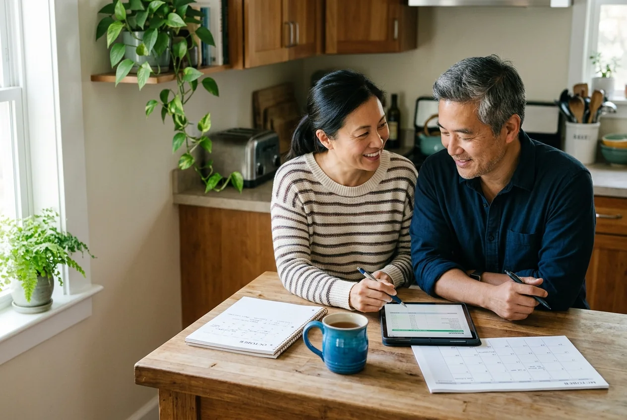 Illustrative scene of a couple reviewing their household plans and tablet at home