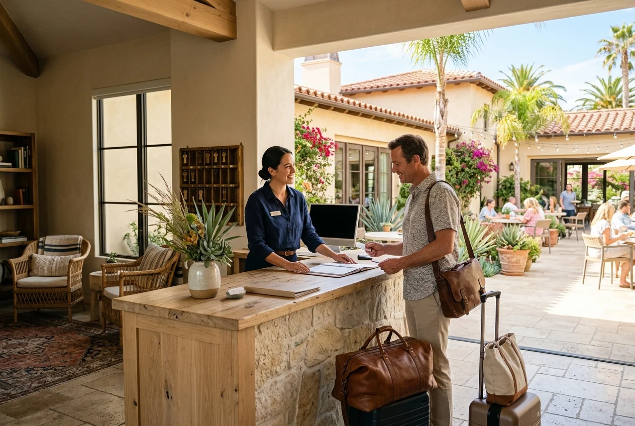 Custom-created illustrative scene of a hotel manager welcoming a guest beside a coastal courtyard