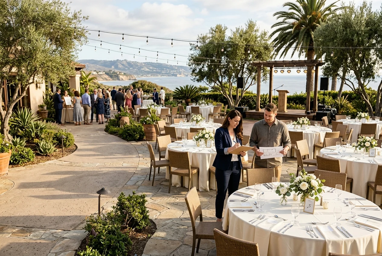 Custom-created illustrative scene of planners checking a Southern California courtyard event setup