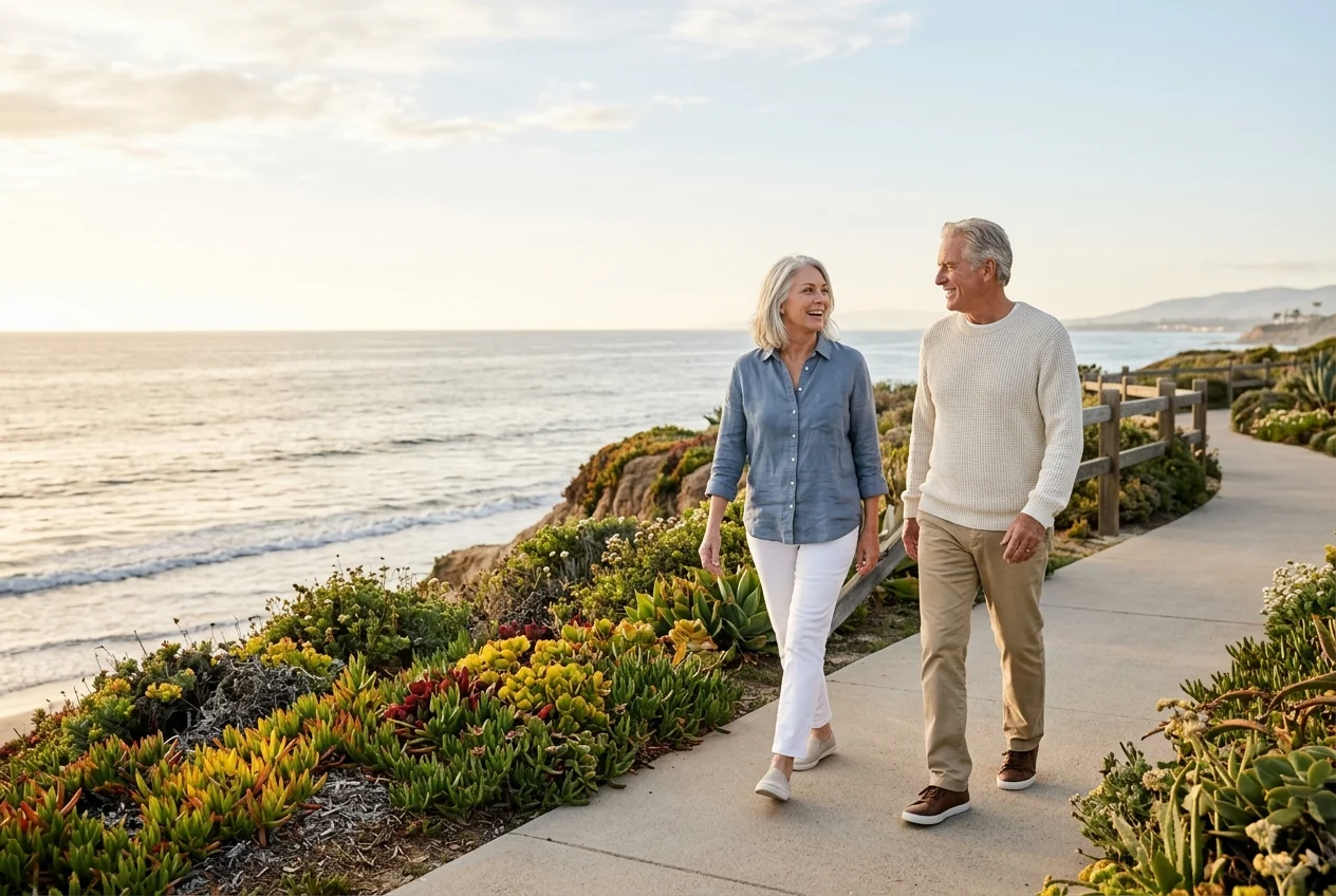 Custom-created scene of an older couple enjoying a Southern California coastal walk