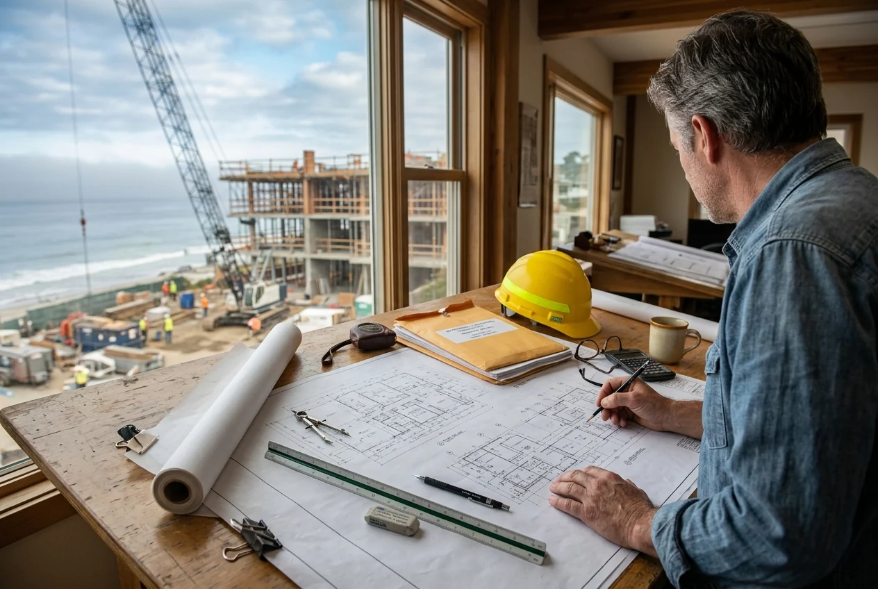 Custom-created scene of building plans and a proposal on an architect's drafting table