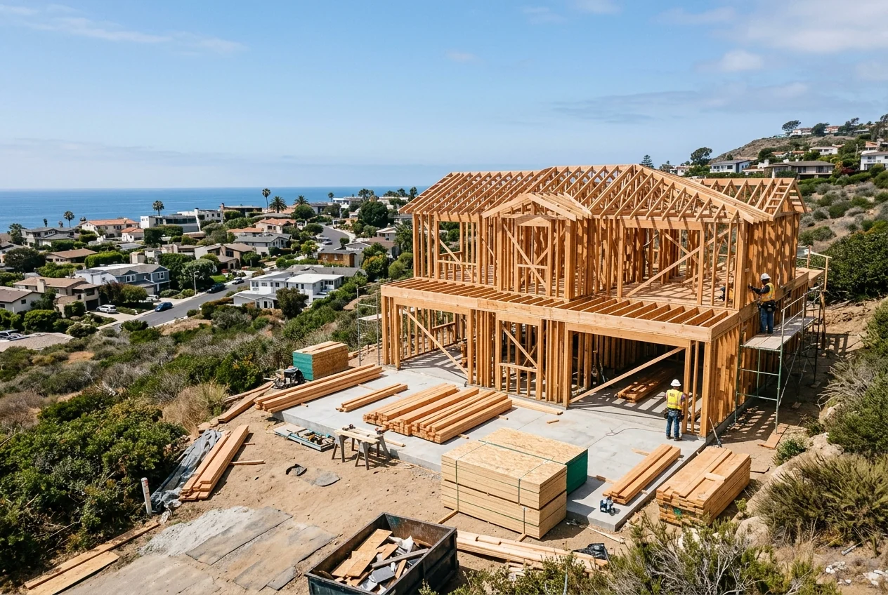 Custom-created scene of a timber-framed home under construction near the California coast