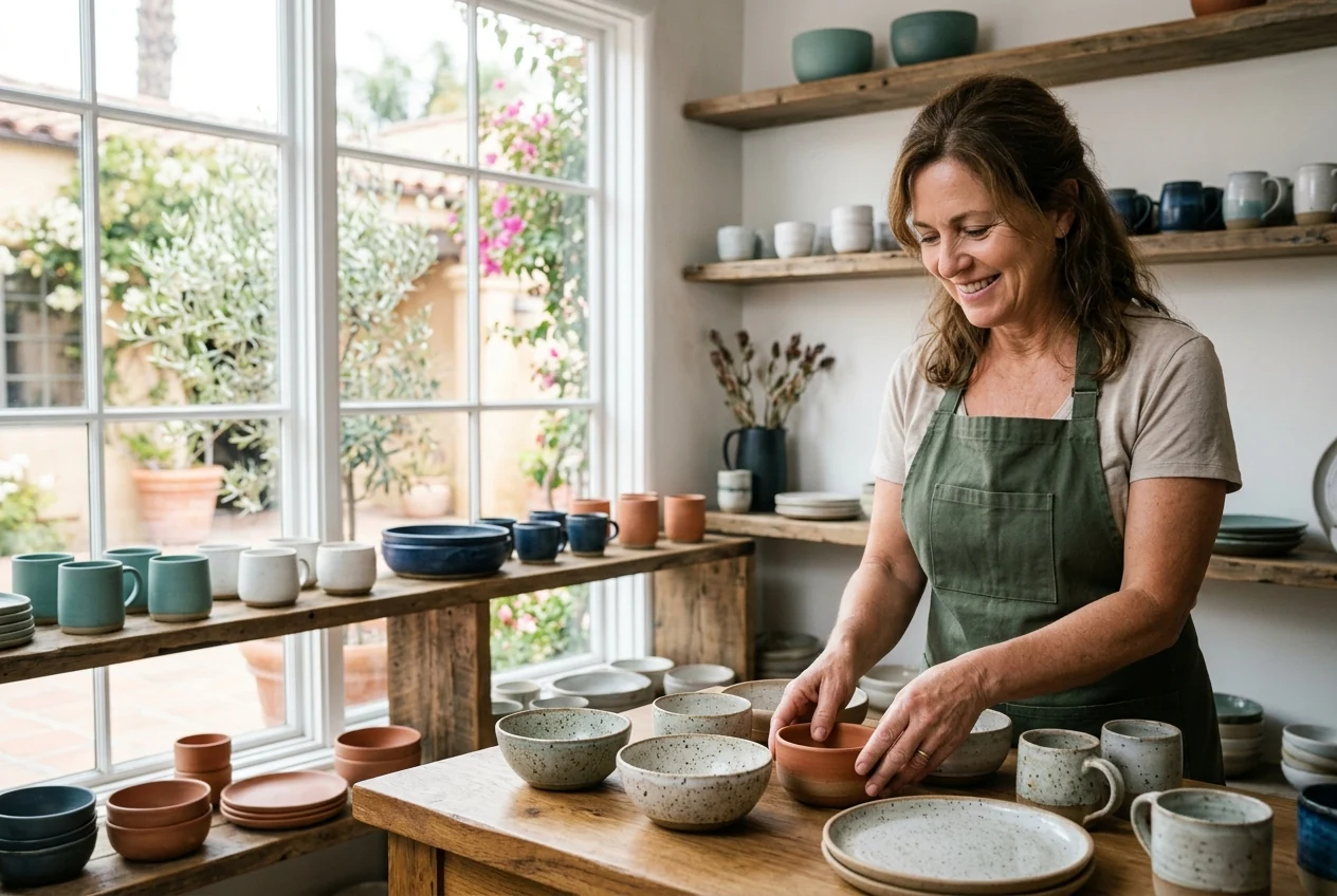 Custom-created scene of a small-business owner arranging ceramics in her shop