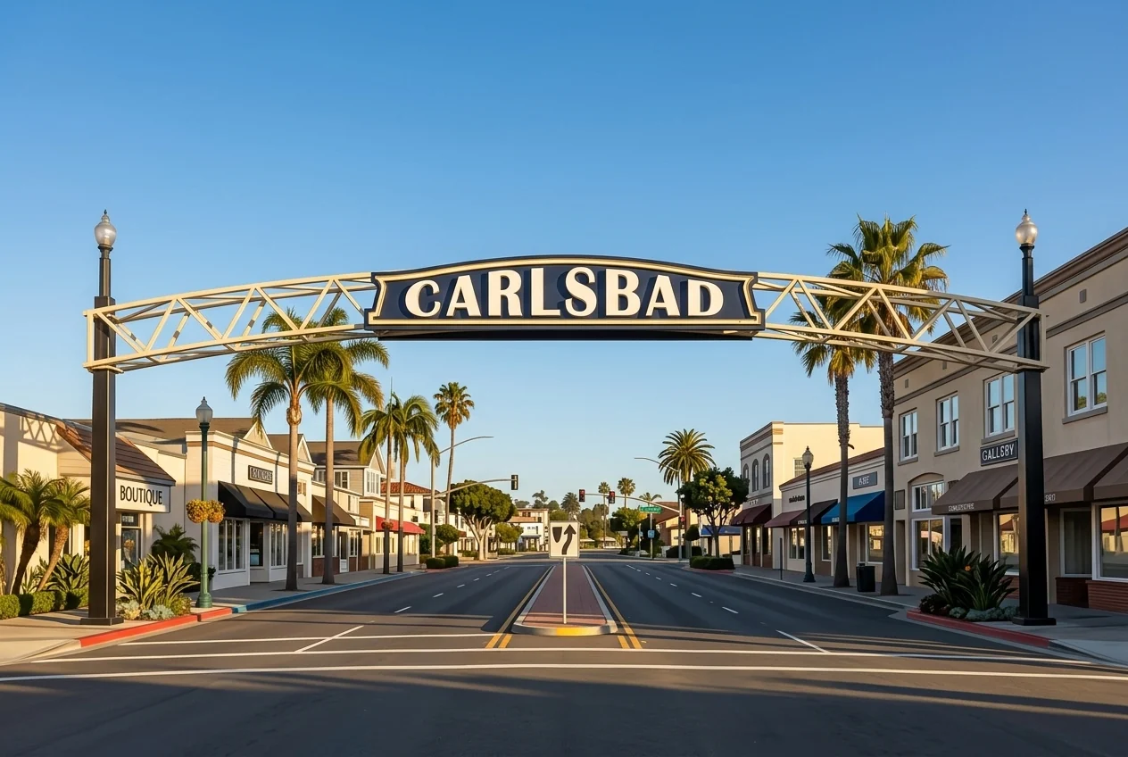 Custom-generated illustrative view of the CARLSBAD archway and a palm-lined boulevard