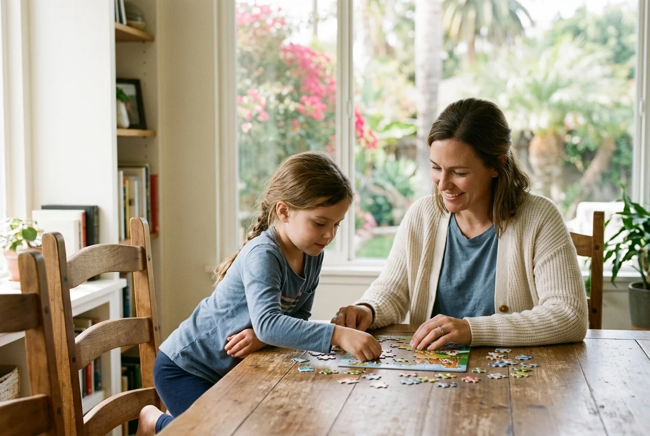 Custom-created scene of a mother and child enjoying a puzzle together at home
