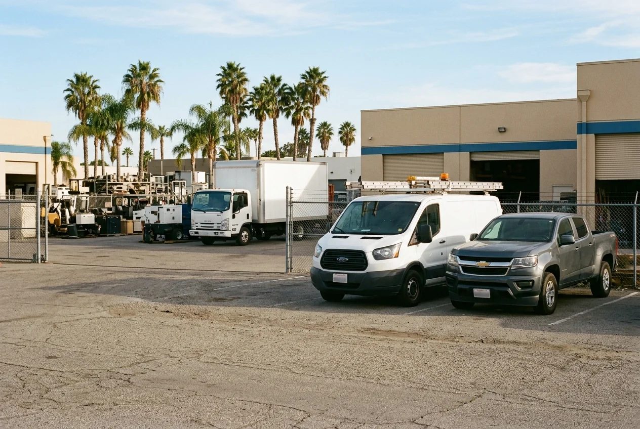 Custom-created scene of work vans and a pickup at a Southern California contractor yard