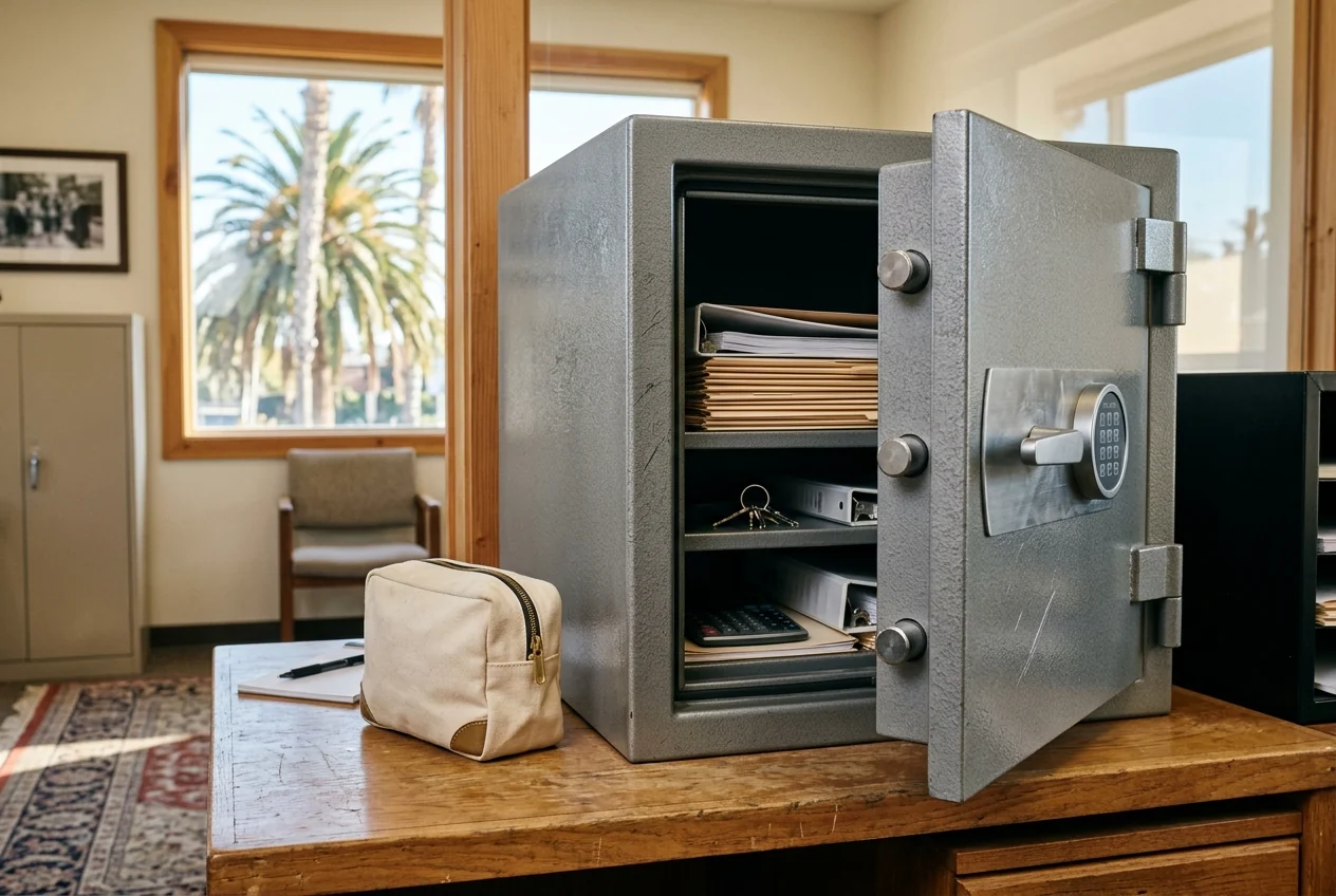 Custom-created scene of a secure steel safe and deposit bag in a business office
