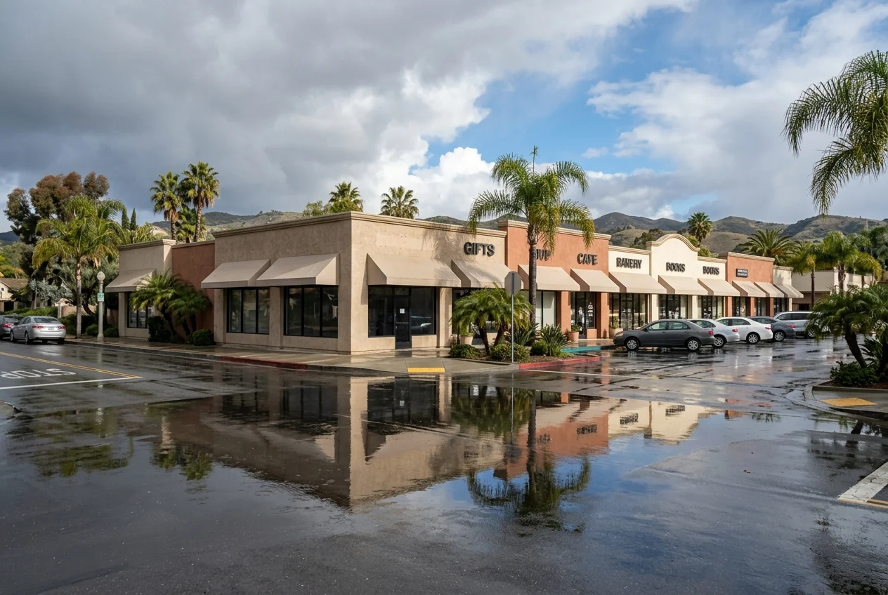 Custom-created illustrative scene of rainwater outside a small commercial district