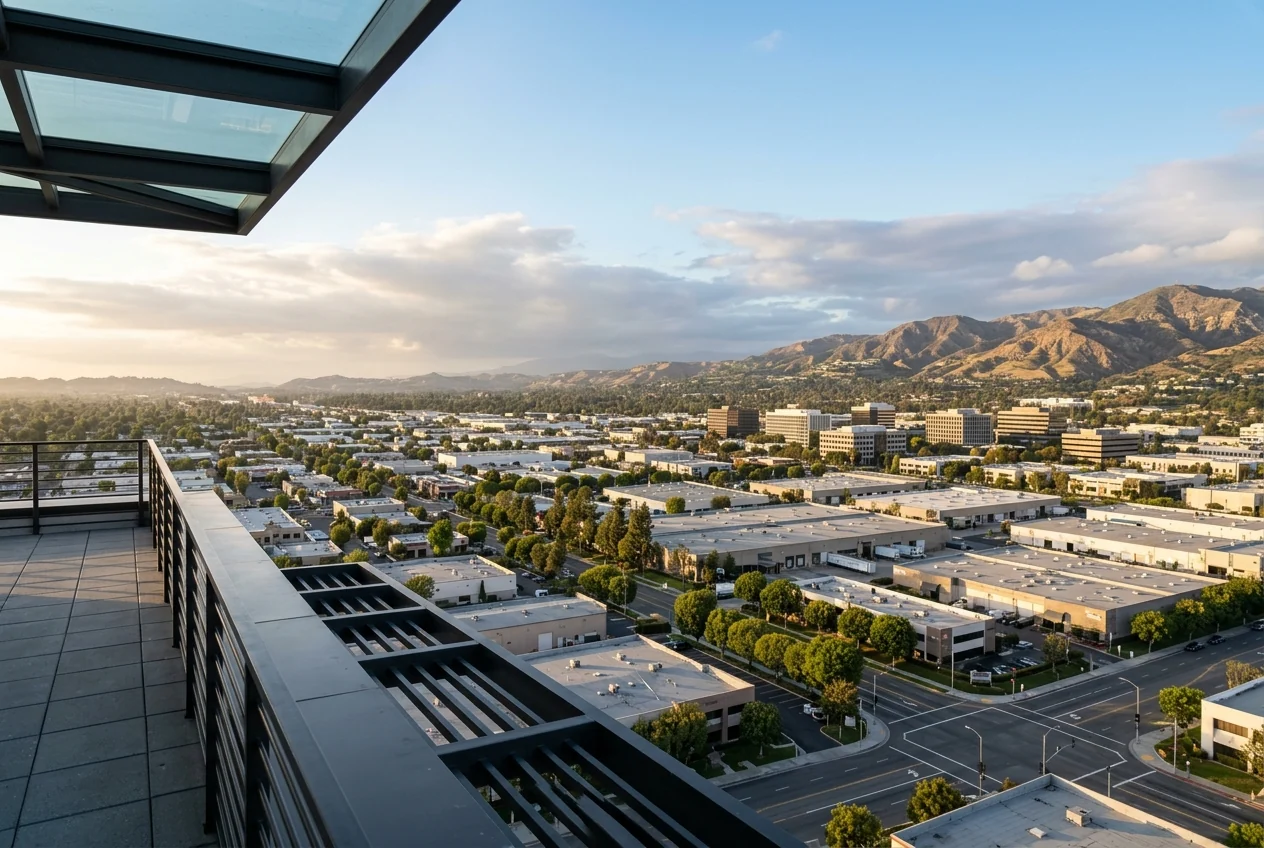 Custom-created scene overlooking a Southern California commercial district and foothills