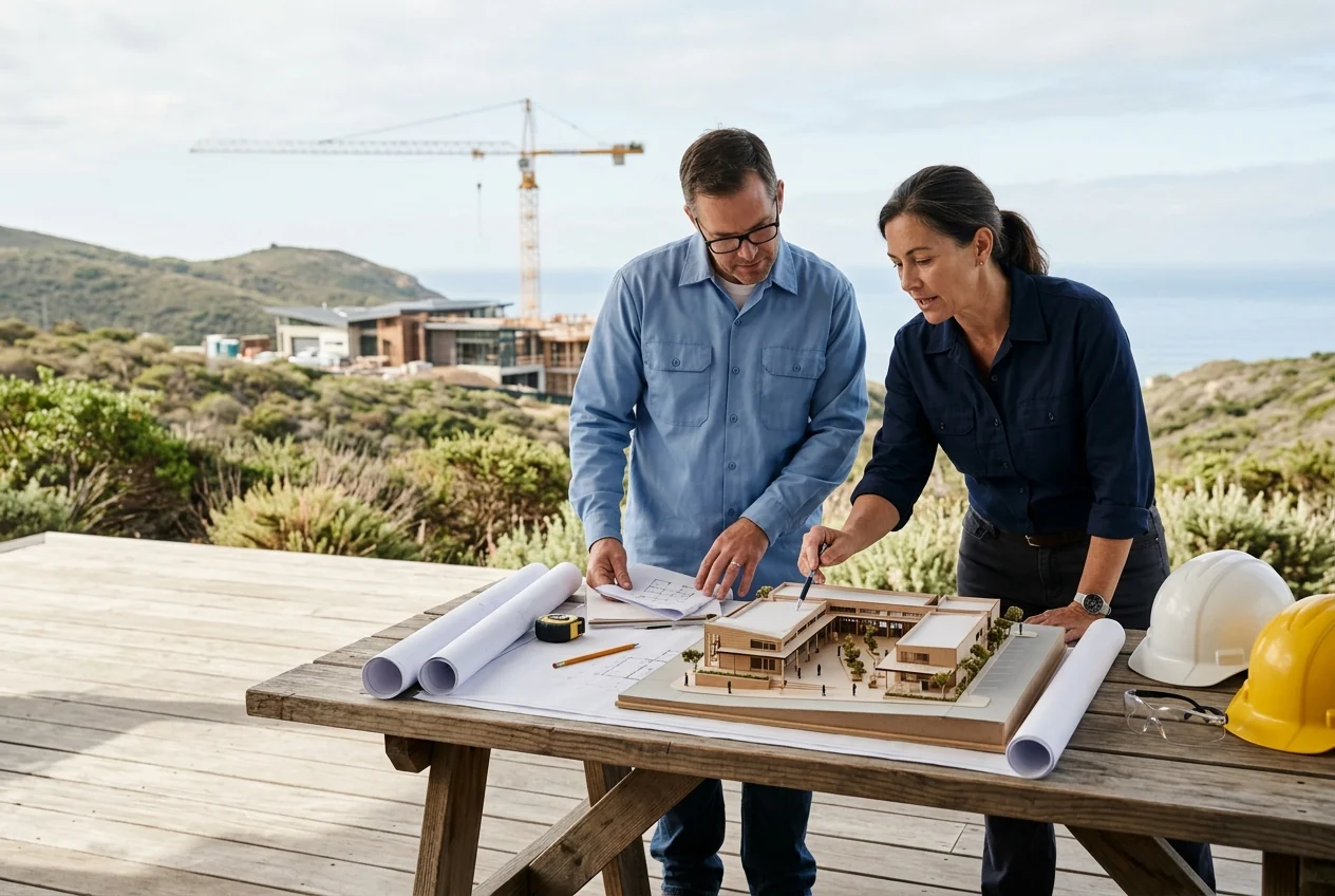Custom-created scene of project professionals reviewing a building model and plans