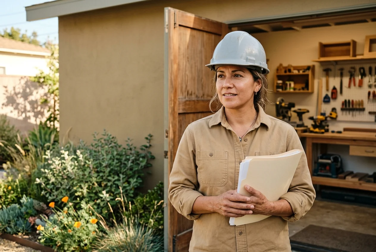 Custom-created scene of a contractor with a permit folder at her workshop
