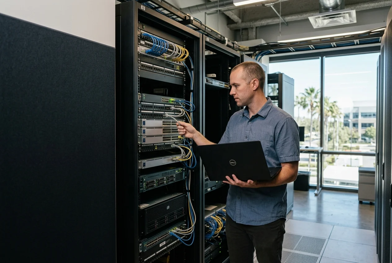 Custom-created scene of a technology professional checking a business network rack