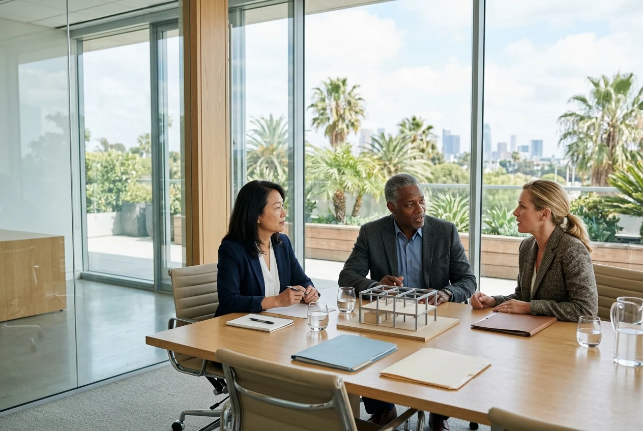 Custom-created scene of senior leaders discussing a project in a Southern California boardroom
