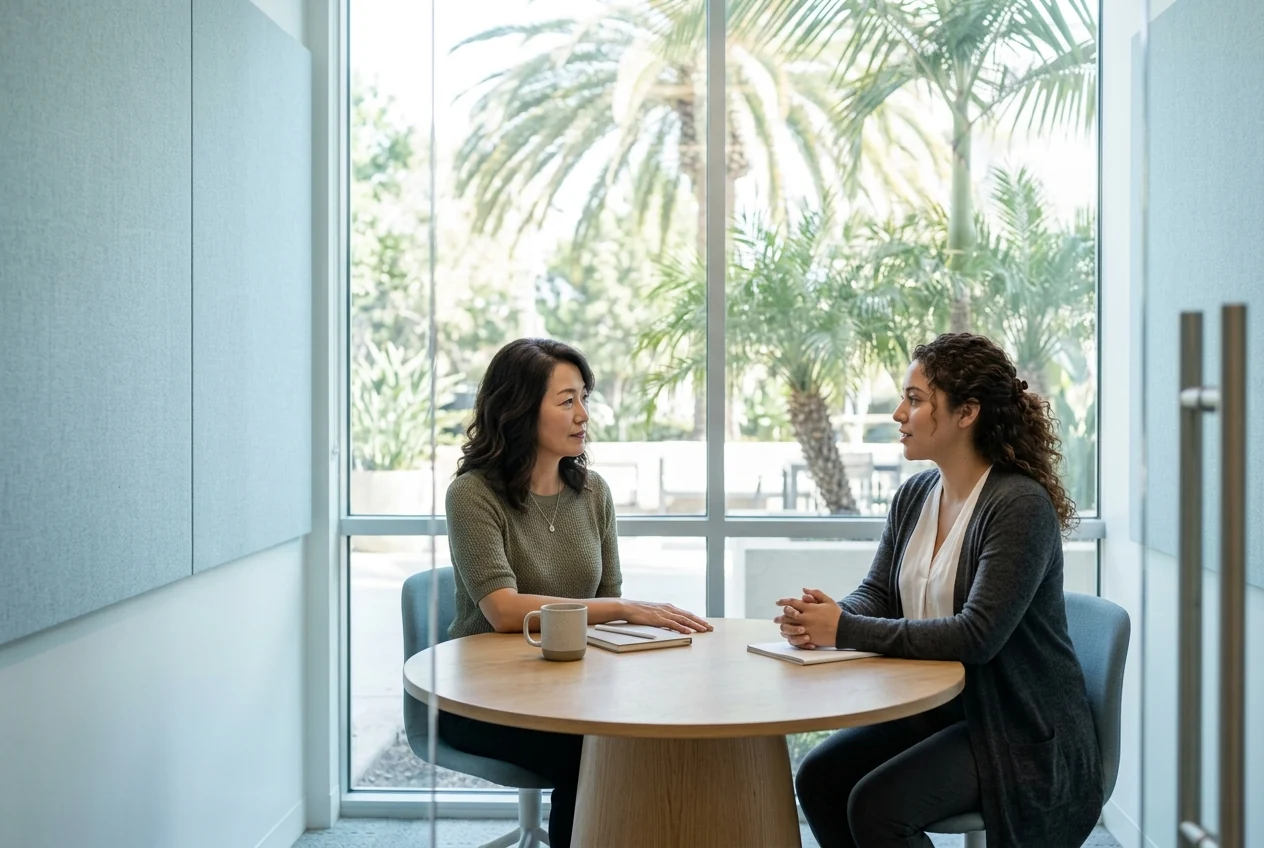Custom-created scene of two colleagues having a private workplace conversation