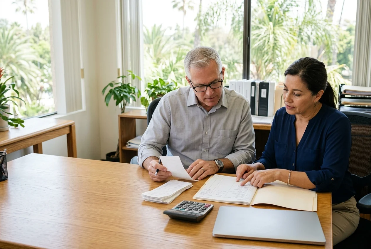 Custom-created scene of accounting colleagues checking business records together
