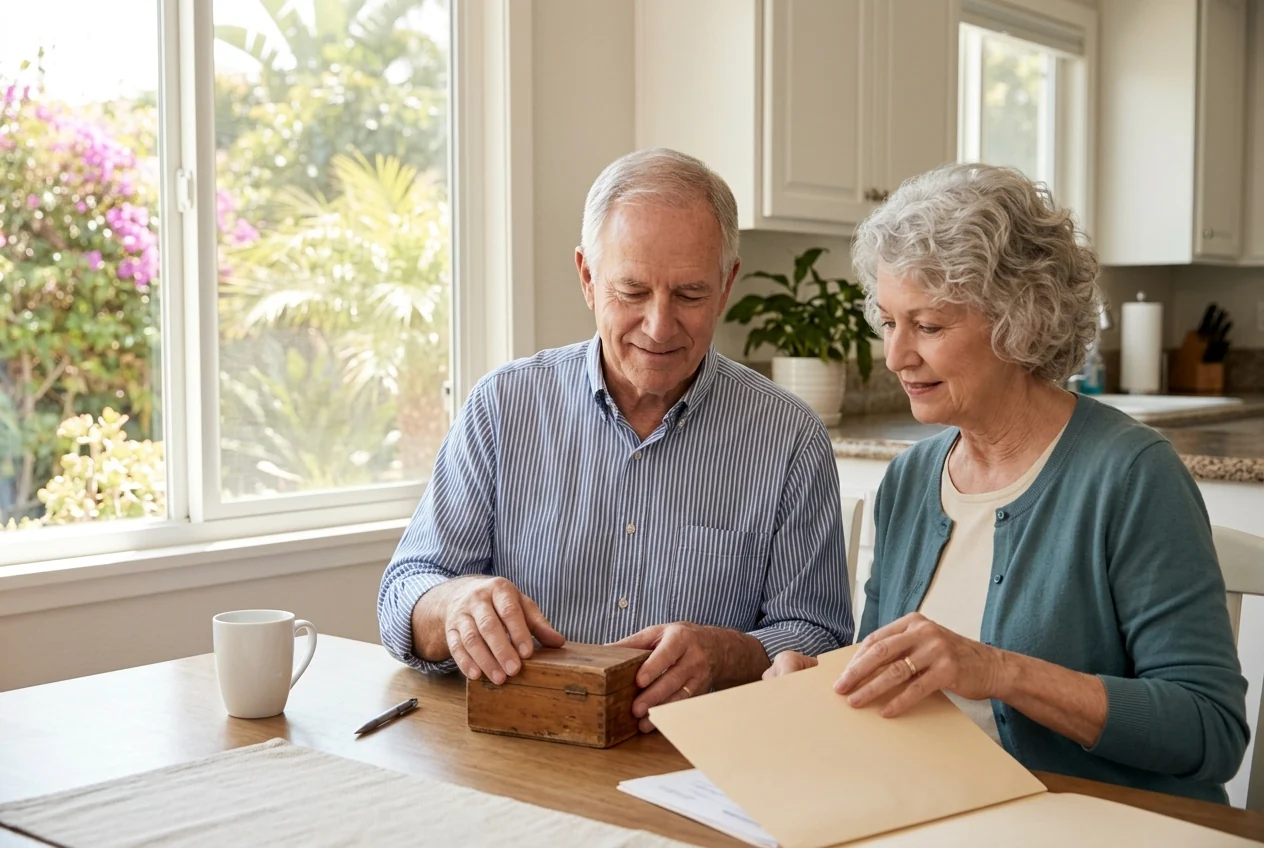 Custom-created scene of an older couple organizing household documents at home