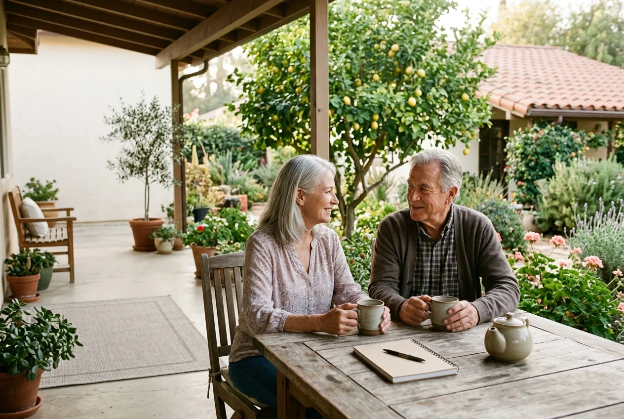 Custom-created scene of an older couple enjoying morning tea on their veranda