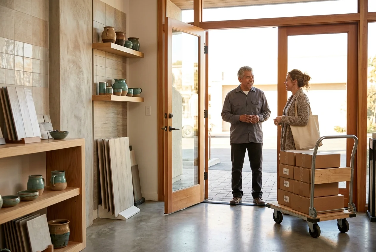 Custom-created scene of a shop owner and customer at a coastal tile showroom