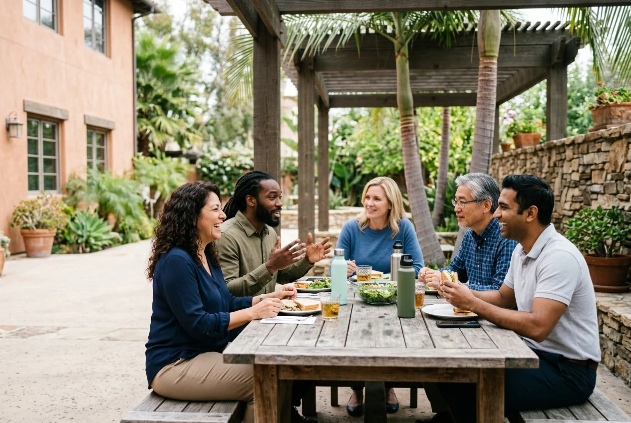 Custom-created scene of coworkers sharing a break in an office courtyard