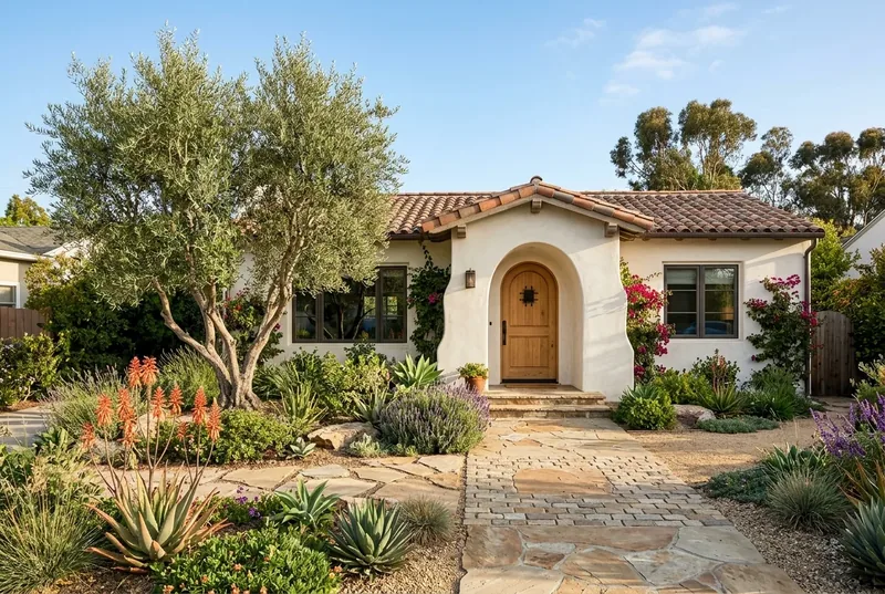 Custom-created scene of a Southern California stucco home with an arched entrance and native garden
