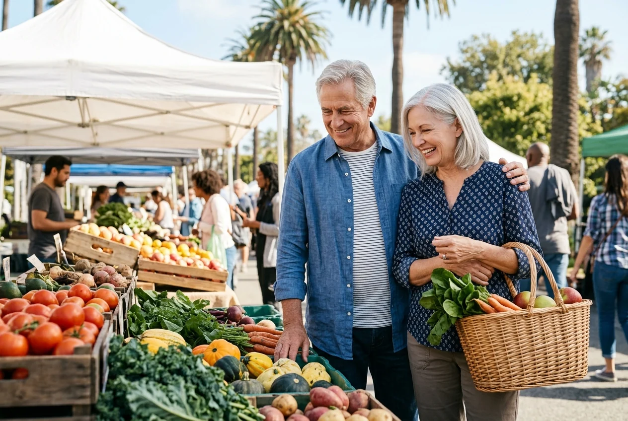 Custom-created scene of a retired couple browsing a Southern California farmers market