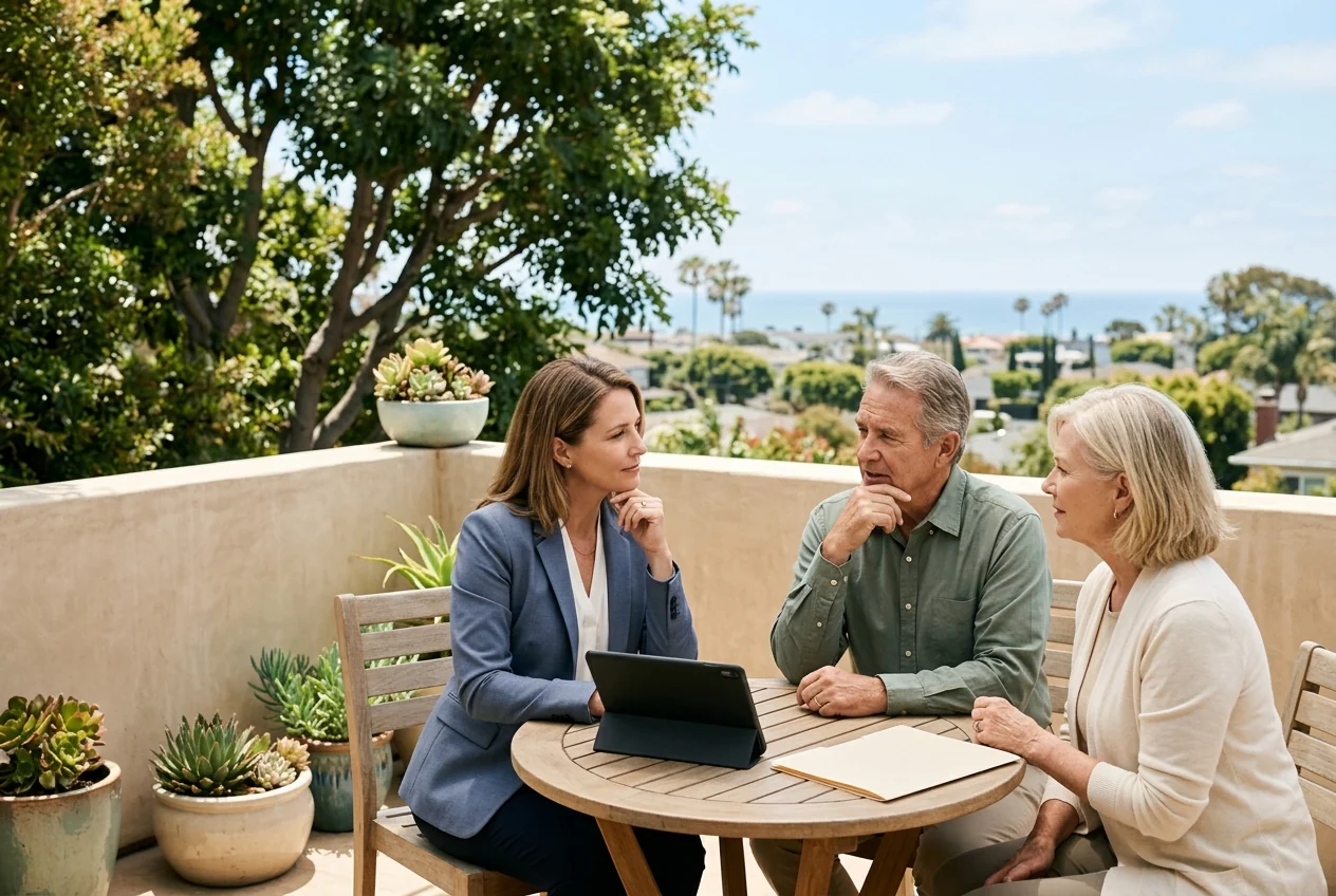 Custom-created scene of an older couple considering retirement options with an adviser