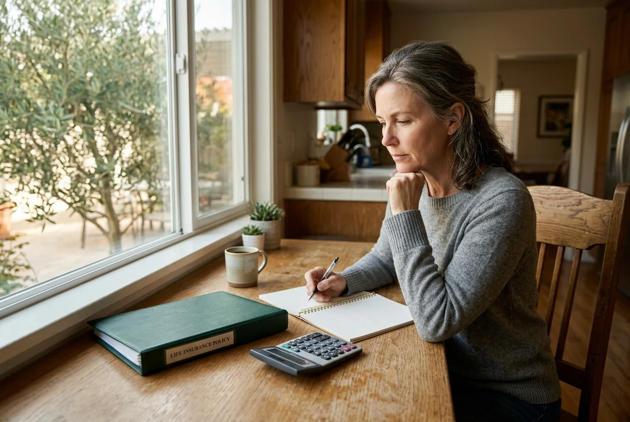 Custom-created scene of a woman reviewing household planning notes at her desk