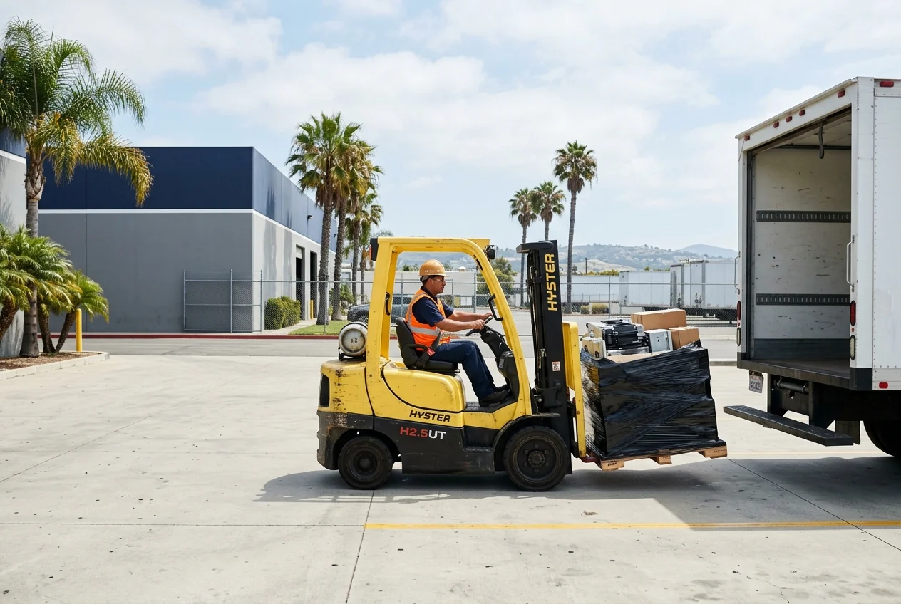 Custom-created scene of a forklift and freight truck at a distribution yard