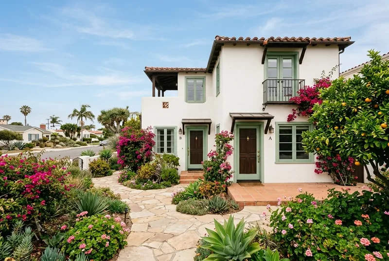 Custom-created scene of a Southern California rental duplex with a landscaped courtyard