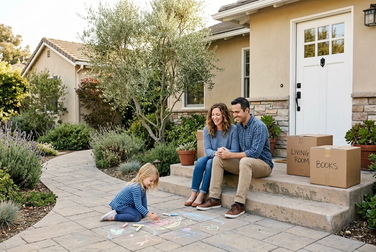 Custom-created scene of a young family settling into their Southern California home