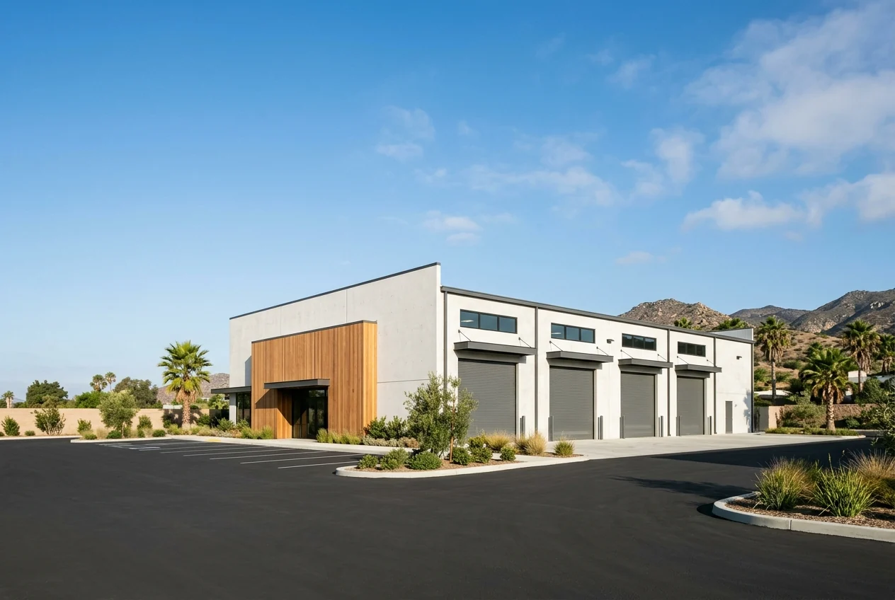 Custom-created scene of a completed Southern California light-industrial building