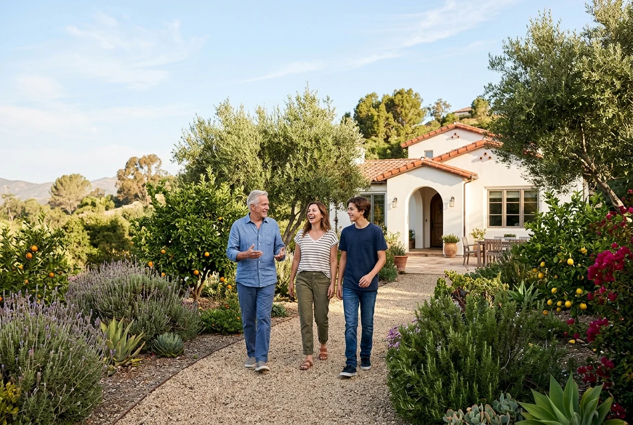 Custom-created scene of three generations walking through their family garden