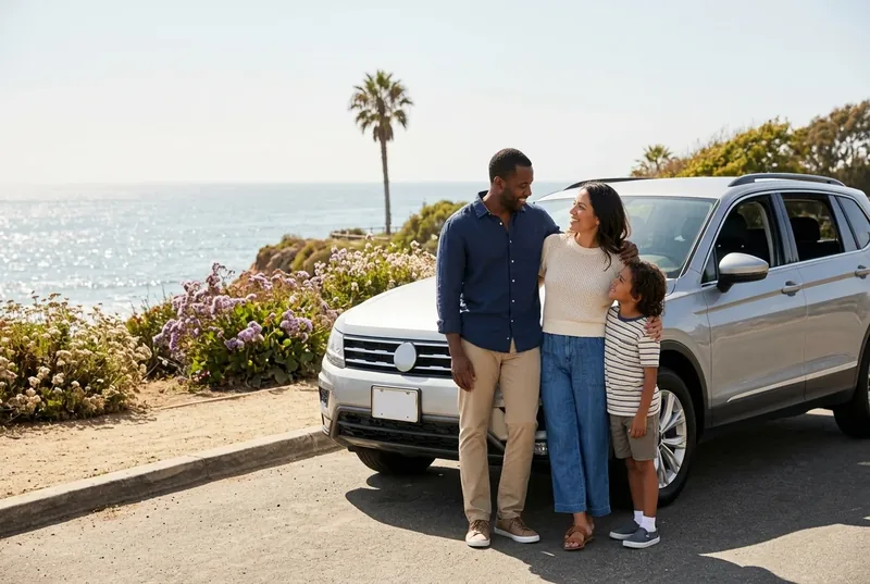 Custom-created scene of parents and their child beside a family SUV at the coast
