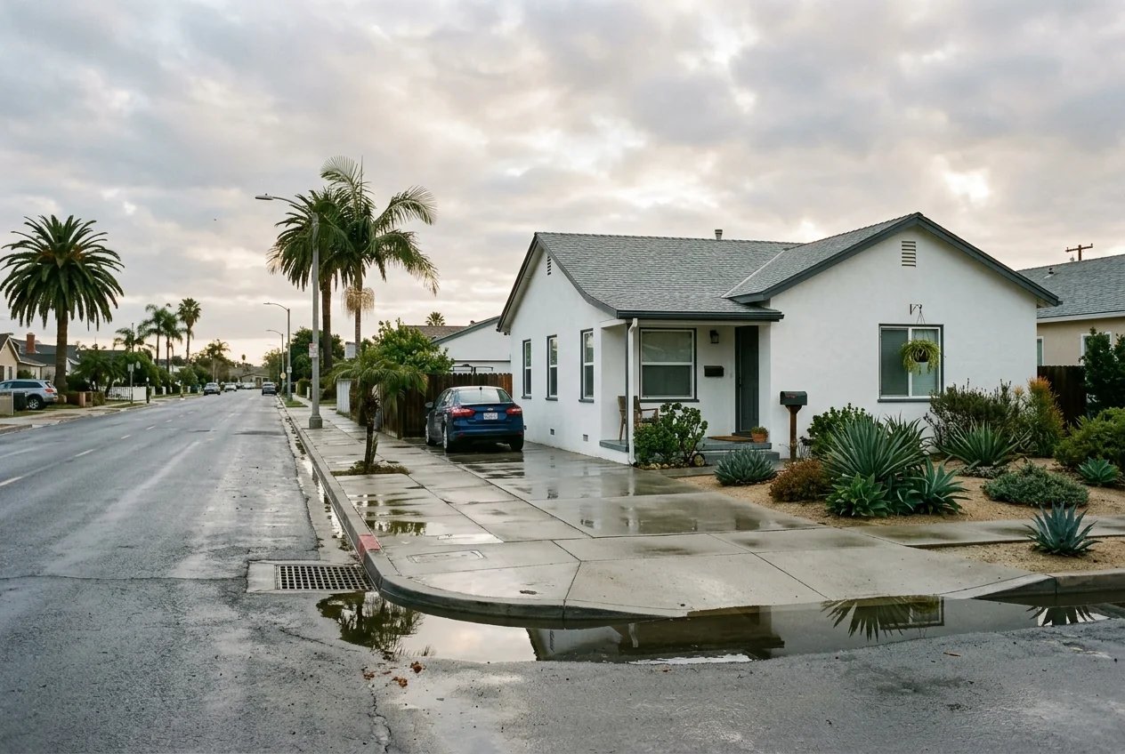 Custom-created illustrative scene of rainwater along a coastal home's street