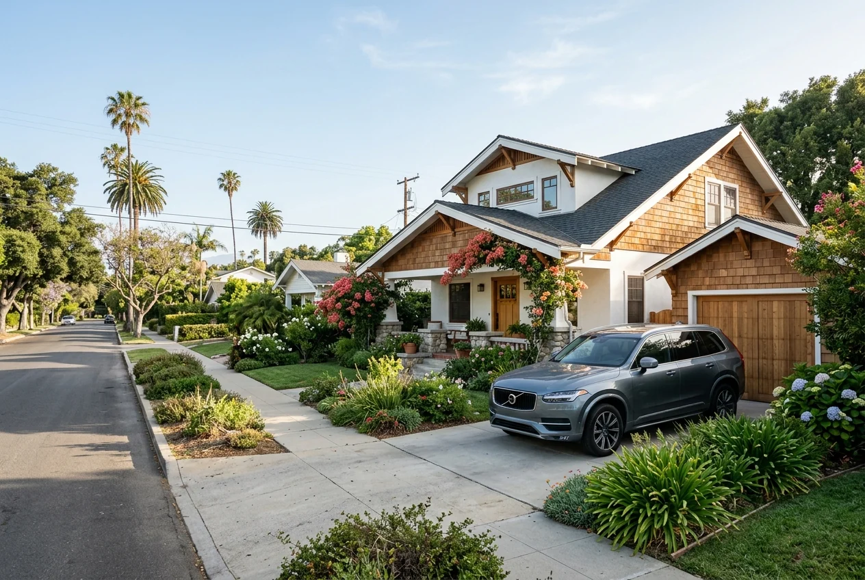Custom-created scene of a coastal Craftsman home and family car on a palm-lined street