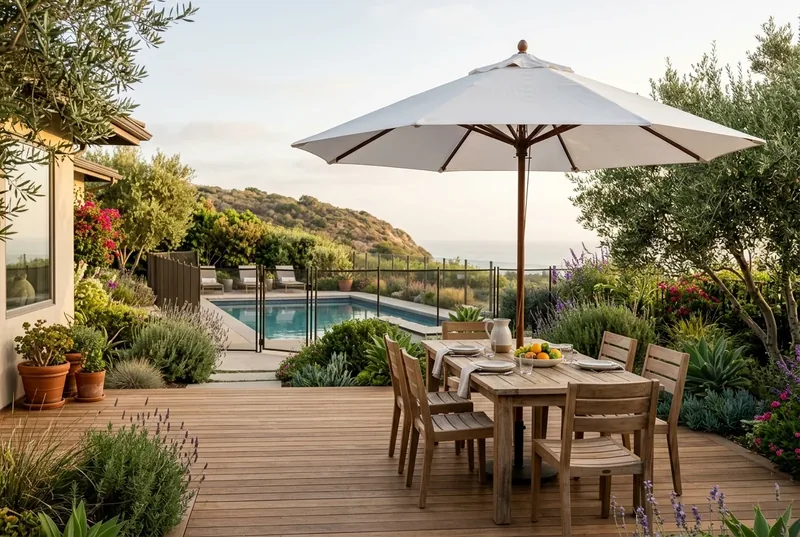 Custom-created scene of a patio umbrella shading a dining area beside a fenced pool