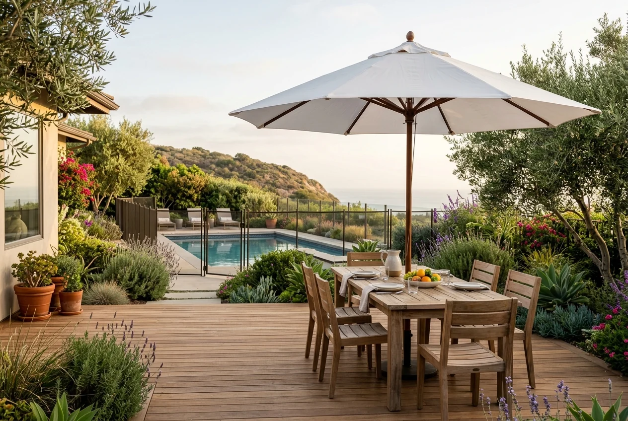 Custom-created scene of a patio umbrella shading a dining area beside a fenced pool
