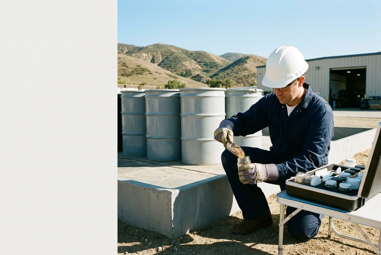 Custom-created scene of an environmental technician taking a soil sample beside an industrial facility