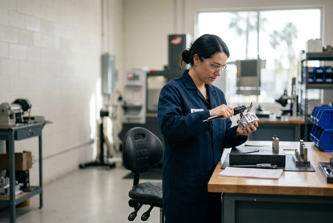 Custom-created scene of a quality-control technician inspecting a manufactured component