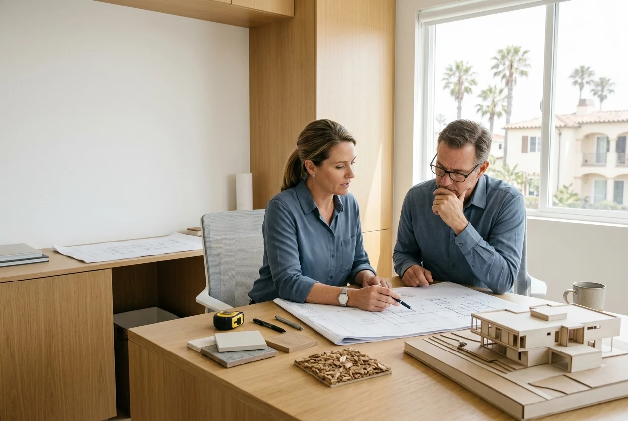 Custom-created scene of an engineer and client reviewing building plans in a design studio