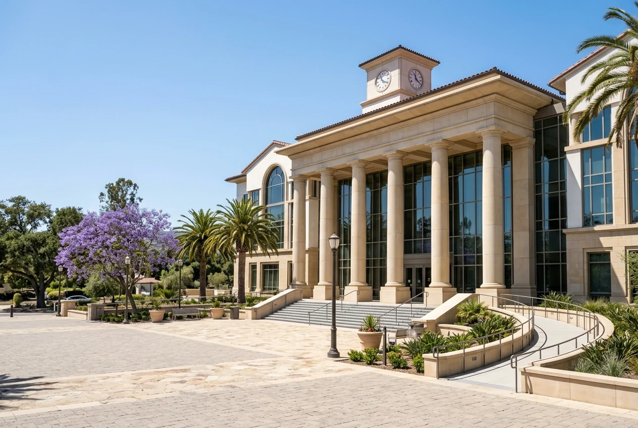 Custom-created illustrative scene of a Southern California civic building and plaza