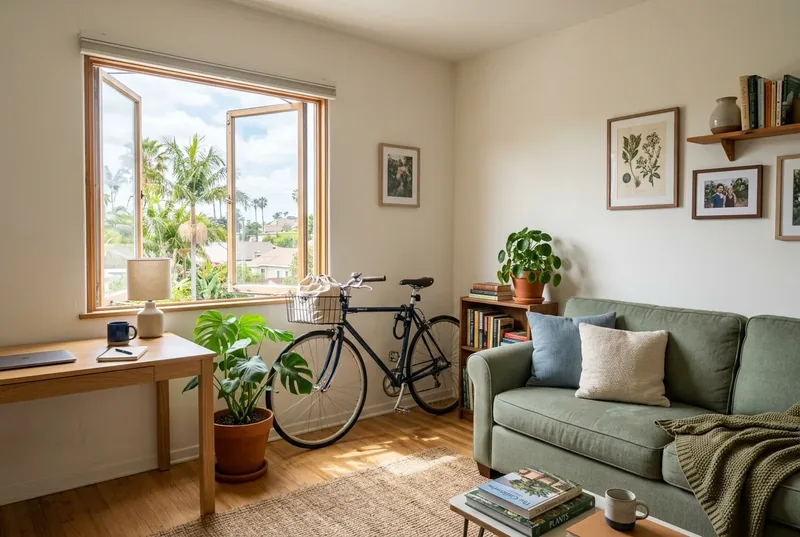 Custom-created scene of a sunlit apartment with a sofa, bicycle and personal belongings