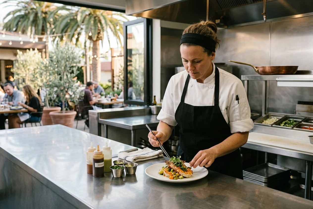 Custom-created scene of a chef preparing a dish at a Southern California restaurant pass