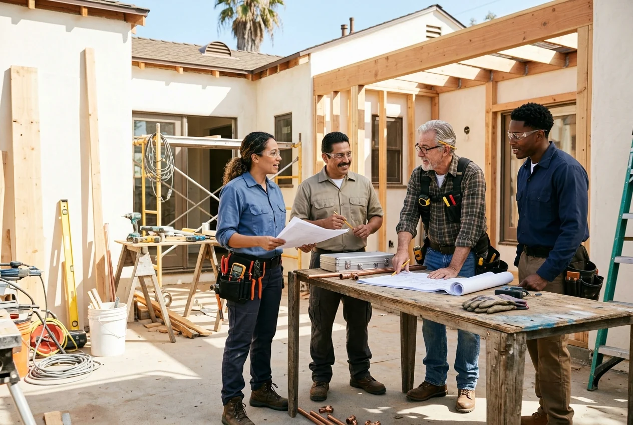 Custom-created scene of skilled tradespeople reviewing a renovation project