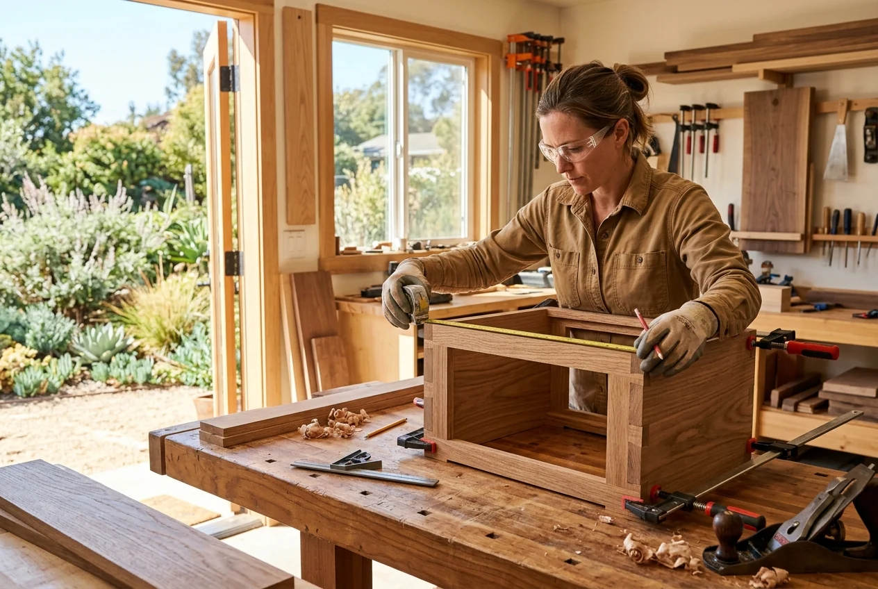 Custom-created scene of a carpenter measuring custom cabinetry in a workshop
